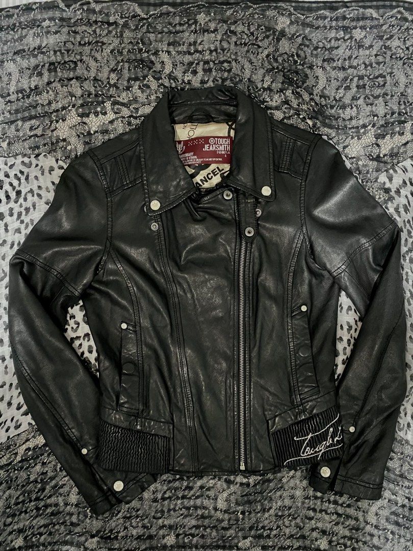 Tough Jeansmith Black Leather Jacket XS (Category: Coats, Jackets and Outerwear) located in Manila. Submitted by nyx___x (Listing ID 1400520460, Image 1). Description: - Thrifted - XS on Tag - Minimal issue on the last slide .