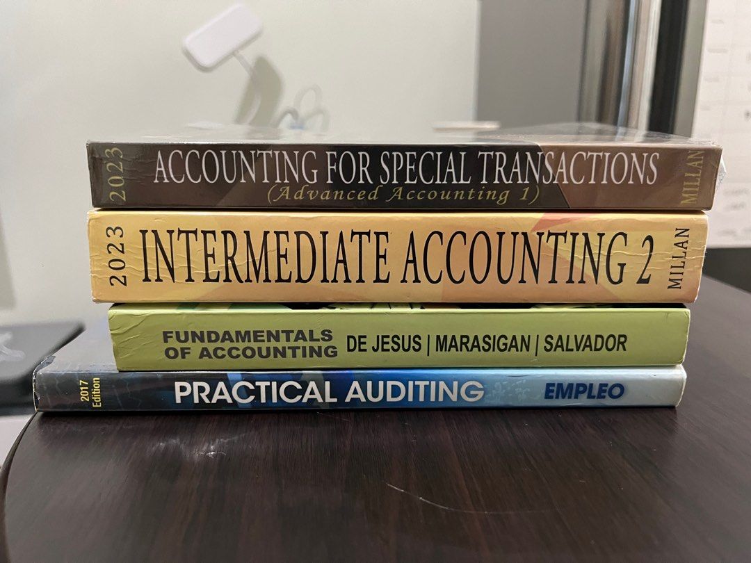 Accounting Books - Intermediate, Advanced, Fundamentals, Auditing (Category: Textbooks) located in Rizal. Submitted by mystic.silentcloud (Listing ID 1400619709, Image 1). Description: all books except for practical auditing are like new especially the milan books that were never used. milan books are sold! selling all for PHP 100 each can meet around Makati or deliver thru lalamove (sf will be paid by buyer).