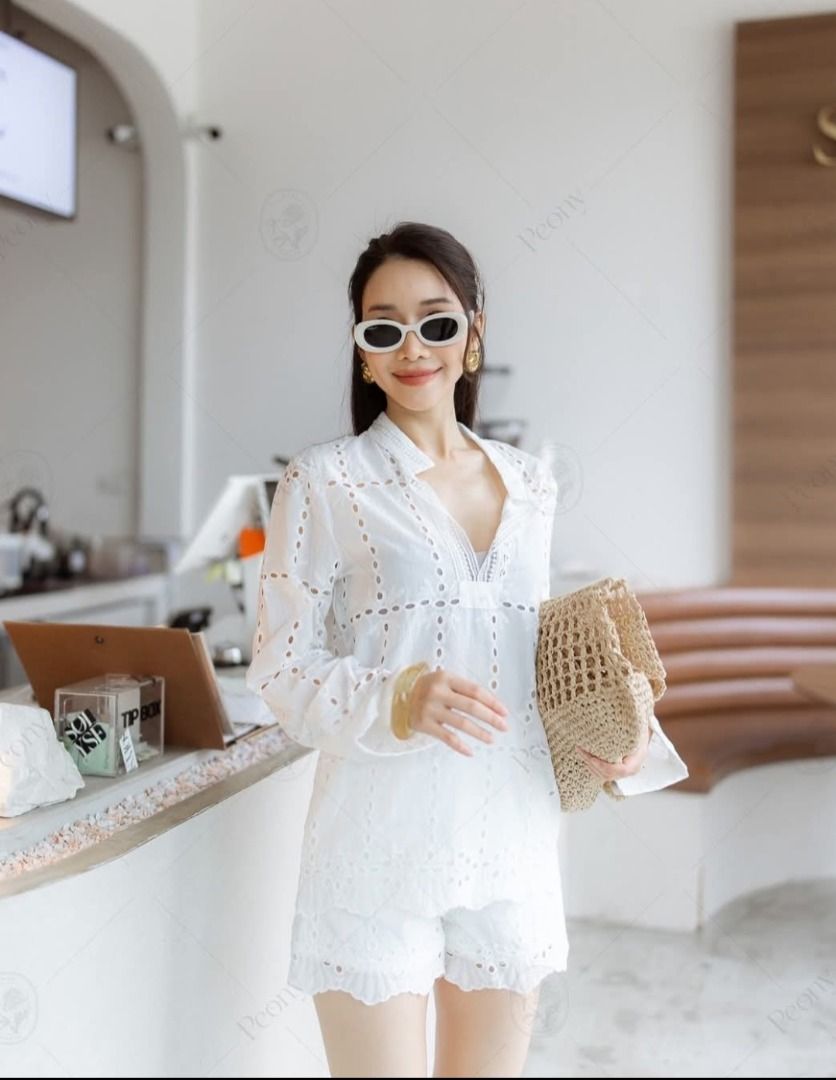 Eyelet coords 🤍 PEONY Summer OOTD (Category: Sets or Coordinates) located in Manila. Submitted by PureWonder_Shop (Listing ID 1400768371, Image 1). Description: 🎀 Mali coordinates 🤍 Premium fabric eyelet Size: SMALL TOP: 26 cm BOTTOM: 14 cm *with pockets 🐰 Bust: 30-32" Waist: 25-26" Hip: 35-36" Perfect for your Prada Raffia bag 🌸 or any woven beach bag 🏖️ ✨ Price is fixed ✨ it's a good deal! as it's Free SF WITHIN METRO MANILA 🧁.