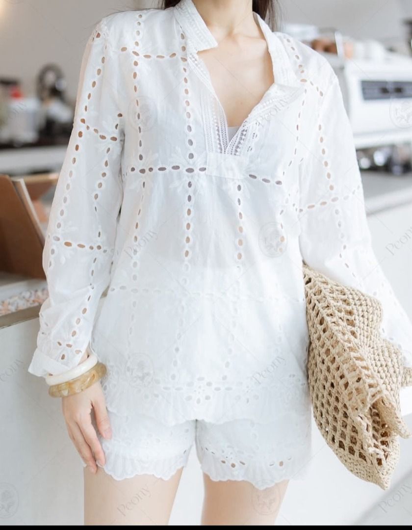 Eyelet coords 🤍 PEONY Summer OOTD (Category: Sets or Coordinates) located in Manila. Submitted by PureWonder_Shop (Listing ID 1400768371, Image 2). Description: 🎀 Mali coordinates 🤍 Premium fabric eyelet Size: SMALL TOP: 26 cm BOTTOM: 14 cm *with pockets 🐰 Bust: 30-32" Waist: 25-26" Hip: 35-36" Perfect for your Prada Raffia bag 🌸 or any woven beach bag 🏖️ ✨ Price is fixed ✨ it's a good deal! as it's Free SF WITHIN METRO MANILA 🧁.