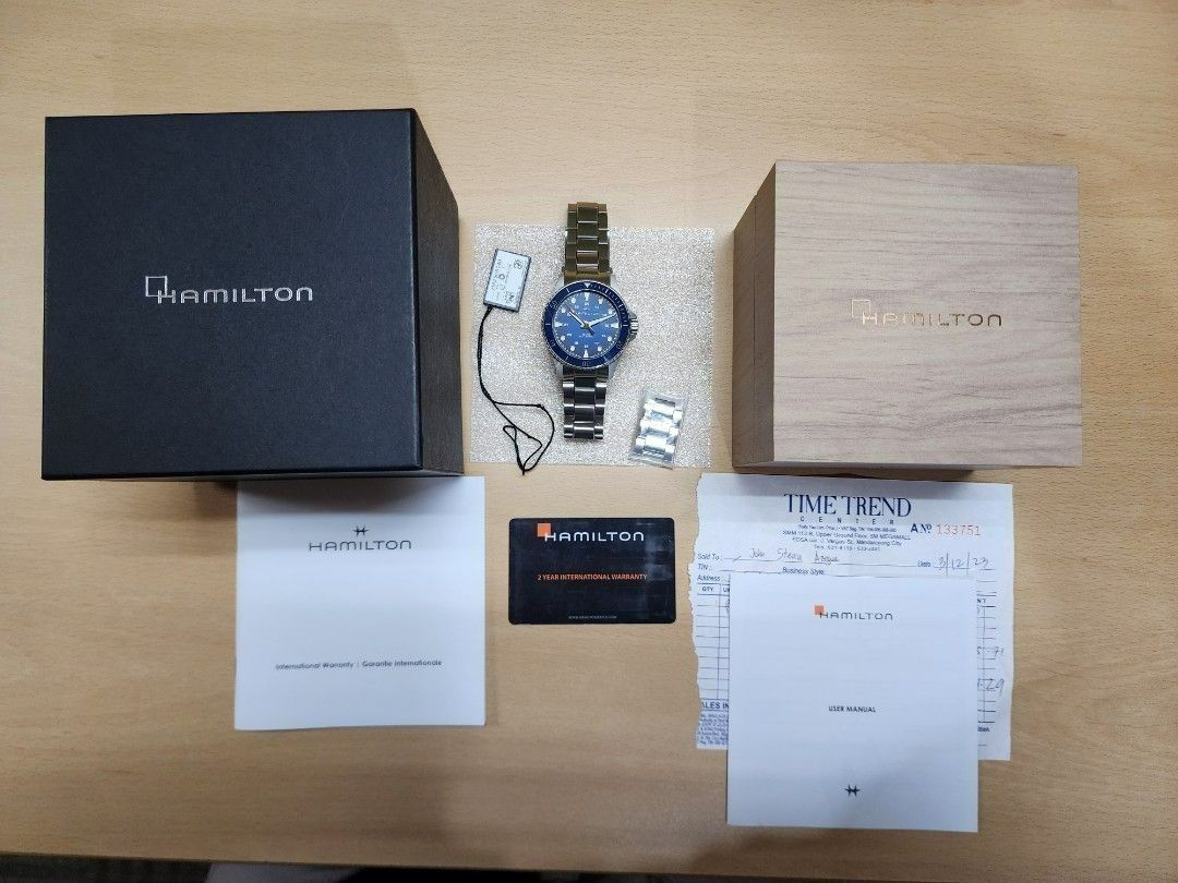Hamilton Khaki Navy Scuba Auto Watch (Category: Luxury Watches) located in Manila. Submitted by jeffreycar97535 (Listing ID 1400712477, Image 1). Description: Hamilton Khaki Navy Scuba Automatic 9/10 condition complete set *with double box, manuals, guarantee card, hang tag, complete links *SRP - P63,000 WATCH Reference : H82505140 Caliber : H-10 Collection : Khaki Navy Movement : Automatic Case size : 43mm Thickness (mm) : 12.58 Dial color : Blu