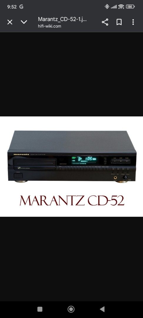 Marantz CD-52 CD Player (Category: Other Audio Equipment) located in Semenyih. Submitted by rasenthiran (Listing ID 1400730721, Image 1). Description: - Marantz CD-52 CD player - Front-loading CD tray - Digital display - Headphone jack -Black color - Marantz logo visible -strong CDM 4/19 reliable lens -comes with CD 63 remote control.
