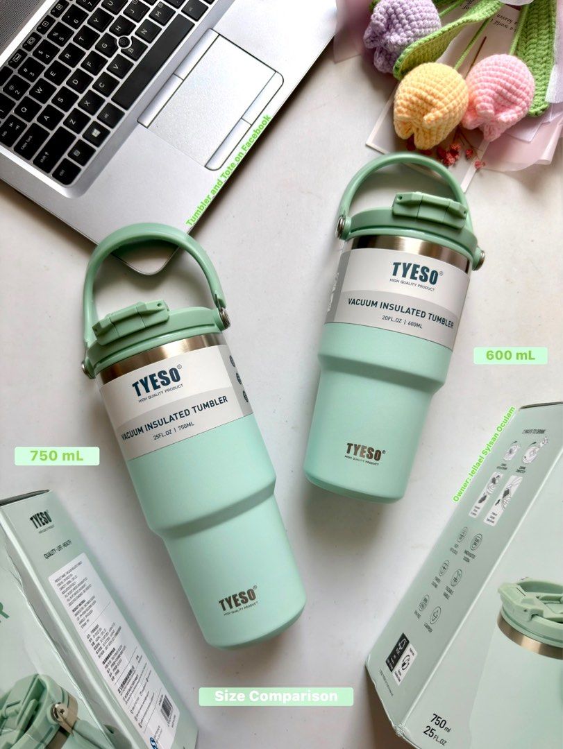 TYESO Multipurpose Vacuum Insulated Tumblers (Category: Water Bottles & Tumblers) located in Las Pinas. Submitted by iyebelskiii_sellerera (Listing ID 1390892402, Image 3). Description: ✨ALL TUMBLERS ARE BRAND NEW, SEALED & OFFICIALLY SOURCED FROM TYESO PH✨ - sizes available: 600 mL / 750 mL / 900 mL / 1200 mL - colors available: 600 mL: Purple & Mint Green 750 mL: Blue / Mint Green / Vanilla / Dark Pink 900 mL: Vanilla / Light Pink / Purple 1200