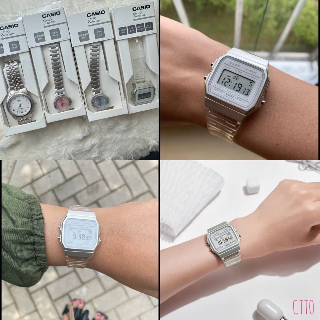 [ONHAND] Authentic Casio F91W Jelly (Category: Women's Watches) located in Makati City. Submitted by authenticluxurygoodsss (Listing ID 1400726332, Image 1). Description: FIXED PRICE ALL PHOTOS POSTED ALL DETAILS POSTED (1st pic: from left to right) Casio MTP - 2290 Casio Pink - 2290 Casio Blue - 2290 Casio F91W Jelly - 2390 • Authentic • Brand new • Japan bought • SRP here: 2650 up 📍 Santa Rosa Laguna 🚚 Can do same day delivery (Lalamove range