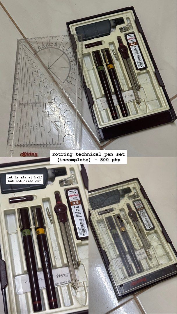 ROTRING Technical Pen set (INCOMPLETE) (Category: Stationery & School Supplies) located in Binan City. Submitted by kymsells (Listing ID 1400768908, Image 1). Description: - Rotring Technical Pen R 151 413-5Ca Isograph College Set With Compass & Adaptor, .25/.35/.50 - 800 lang bc it has missing parts - item will be sold as it is - ink is alr at halfway but not dried - tried to use but didnt learn - HAVENT BEEN USED IN A VERYYY LONG TIME BUT AT UR
