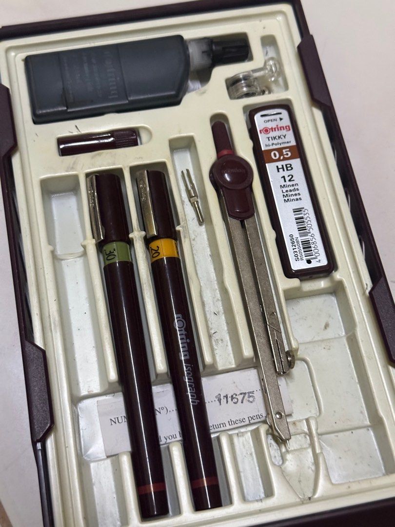 ROTRING Technical Pen set (INCOMPLETE) (Category: Stationery & School Supplies) located in Binan City. Submitted by kymsells (Listing ID 1400768908, Image 3). Description: - Rotring Technical Pen R 151 413-5Ca Isograph College Set With Compass & Adaptor, .25/.35/.50 - 800 lang bc it has missing parts - item will be sold as it is - ink is alr at halfway but not dried - tried to use but didnt learn - HAVENT BEEN USED IN A VERYYY LONG TIME BUT AT UR