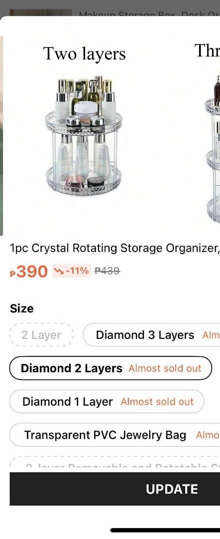 Shein Crystal Rotating Storage Organizer - 2 Layers (Category: Storage Boxes & Baskets) located in Batangas. Submitted by cmaryjoy9060312 (Listing ID 1400771823, Image 2). Description: Crystal rotating storage organizer has two layers. It is made of clear plastic and features a diamond-like pattern. The organizer is designed to rotate, providing easy access to items. It is suitable for storing cosmetics, jewelry, or other small items. The organiz