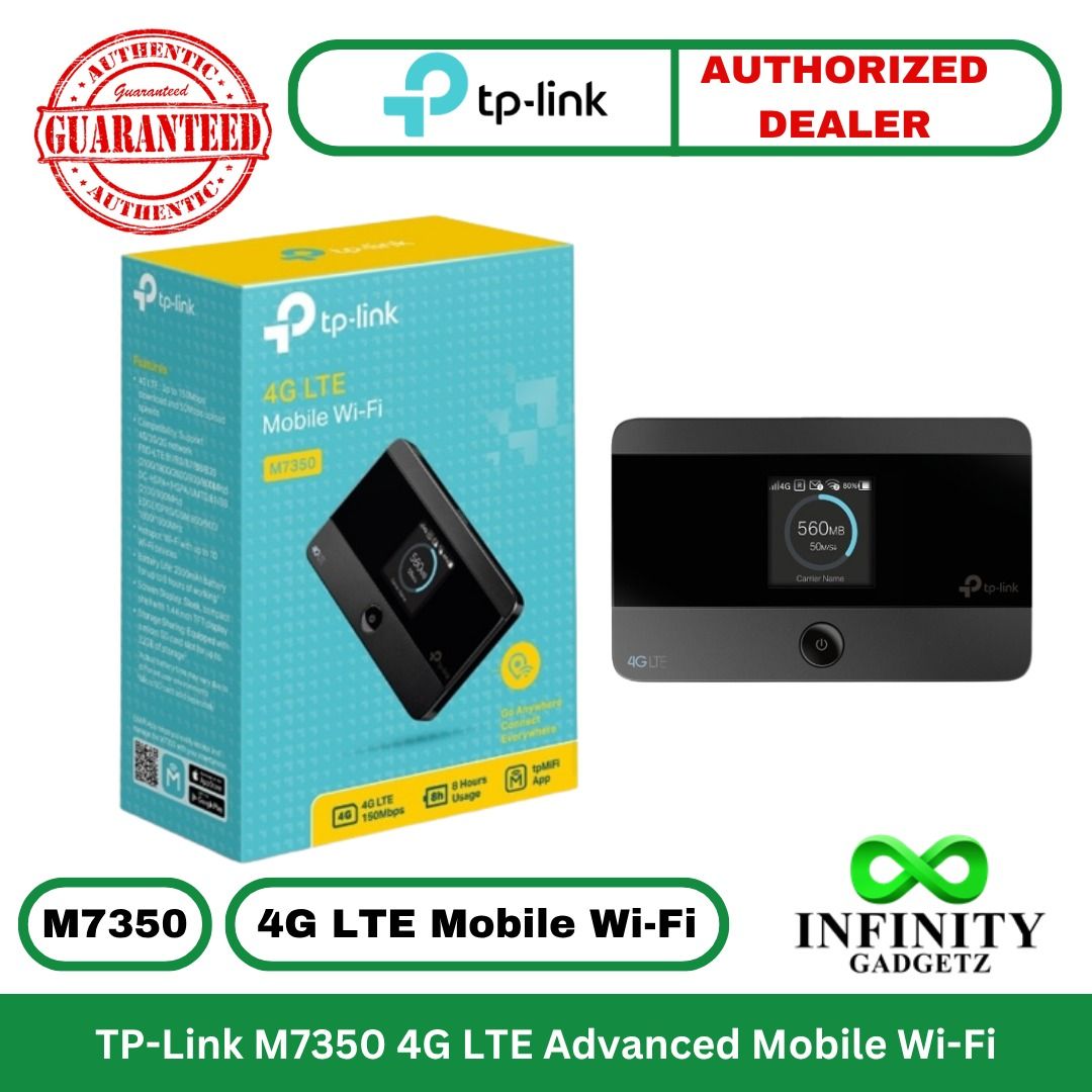 TP-Link M7350 4G LTE Advanced Mobile Wi-Fi (Category: Networking) located in Manila. Submitted by infinitygadgetzph (Listing ID 1400627003, Image 1). Description: Price M7350 - 2750 php 🟩 Authentic 🟩 Authorized Dealer of TP-Link 🟩 Sealed and Brand New 🟩 With 3 Months Replacement Warranty (Must keep the complete box/carton for warranty claim) SPECIFICATIONS & FEATURES Features: 🟩 4G LTE supported with up to 150 Mbps download and 50 Mbps uploa