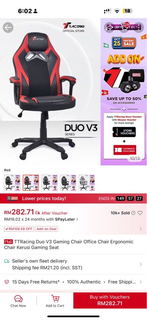 TT Racing Duo V3 Gaming Chair - Red, Furniture & Home Living, Furniture ...