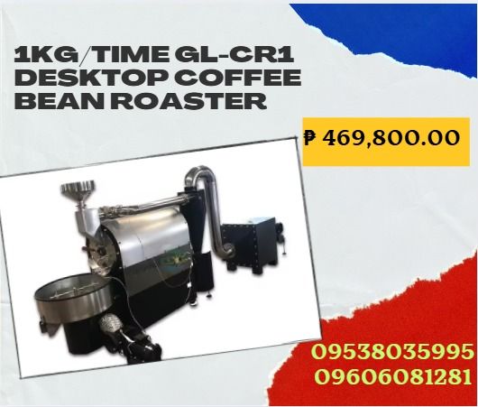 1Kg/time GL-CR1 Desktop Coffee Bean Roaster (Category: Industrial Equipment) located in Caloocan City. Submitted by goldenriver-a9d0 (Listing ID 1400796696, Image 1). Description: Model: GL-CR1 Desktop Coffee Bean Roaster Output: 1Kg/time Power: 90W*1 50W*2. 15W*1. Electric heating: 700W*5 pcs Machine size: 860mm*640mm*940mm. Dust collection cylinder: 340mmL*280mmW*1200mmH Mechanical weight: 90Kgs.+18Kgs (dust collector). .