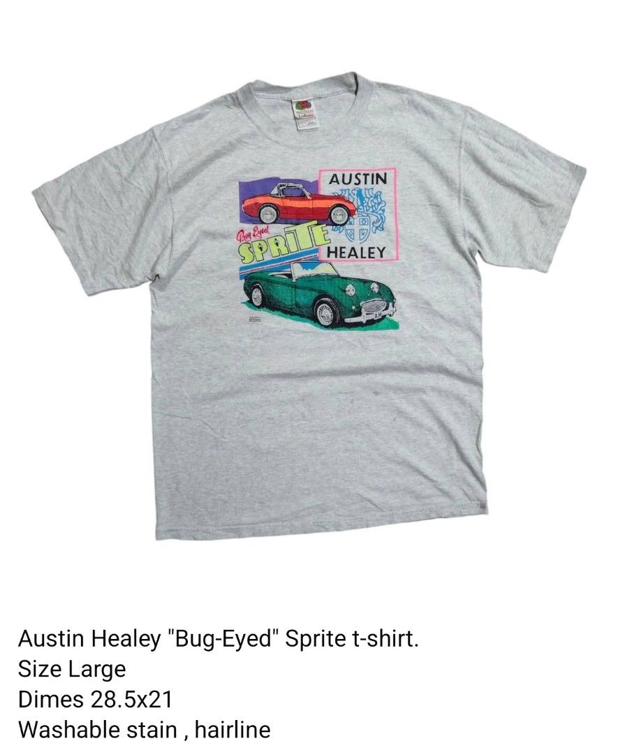 Austin Healey Bug-Eyed Sprite T-shirt - Large (Category: Tshirts & Polo Shirts ) located in Trece Martires City. Submitted by warmix (Listing ID 1400929538, Image 1). Description: Vintage Austin Healey "Bug-Eyed" Sprite t-shirt. Features a graphic of the car on the front. Made by Fruit of the Loom. Size Large. Dimensions are 28.5x21 inches. There is a washable stain and hairline on the shirt. Made in El Salvador..