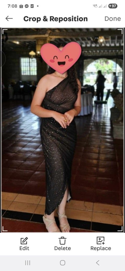 Black One-Shoulder Evening Dress (Category: Evening dresses & gowns) located in Binangonan. Submitted by everythingmustgo78 (Listing ID 1400869350, Image 1). Description: - Black one-shoulder evening dress - Fitted silhouette - Subtle sparkle detail - Flowing, draping fabric - Side slit for added sophistication - Ideal for formal events and special occasions.