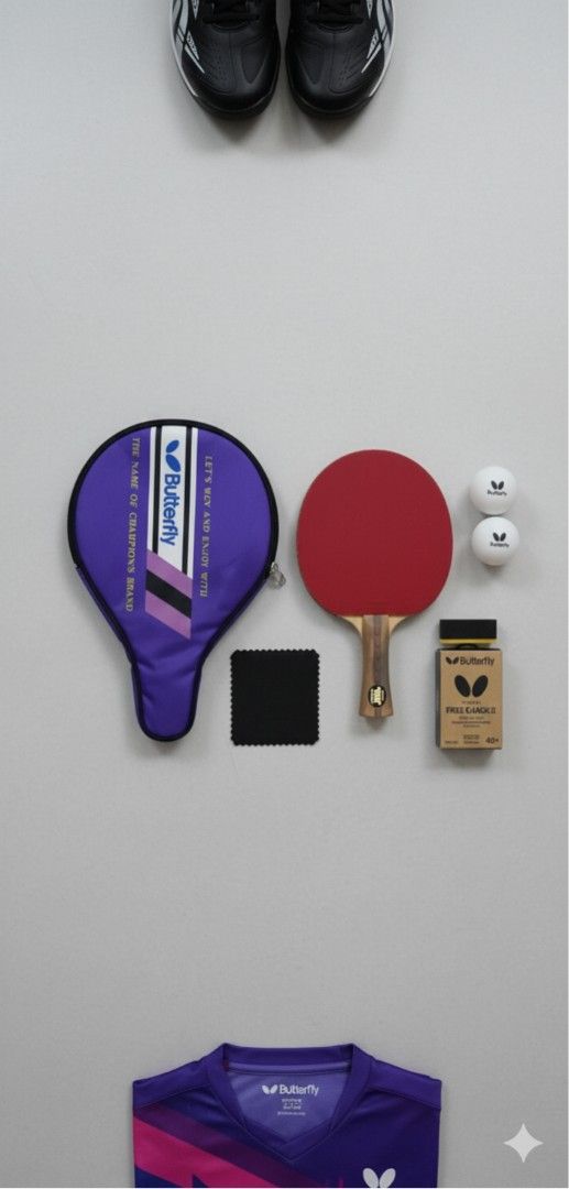 Butterfly Table Tennis Set (Category: Racket and Ball Sports) located in Manila. Submitted by pulangarawfinds (Listing ID 1400908578, Image 3). Description: Butterfly table tennis set - Includes: - Paddle (red rubber) - Purple paddle case with Butterfly logo .