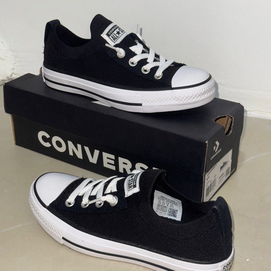 Converse CTAS Shoreline Knit Slip Black (Category: Sneakers) located in Santa Maria. Submitted by grave.ty (Listing ID 1400920662, Image 1). Description: - Converse CTAS Shoreline Knit Slip -Slip on - Black knit upper with white toe cap and sole - Women's size 5.5 US / 36 EUR / 22.5 CM - Features white laces and Converse All Star logo - Comes with original Converse box.