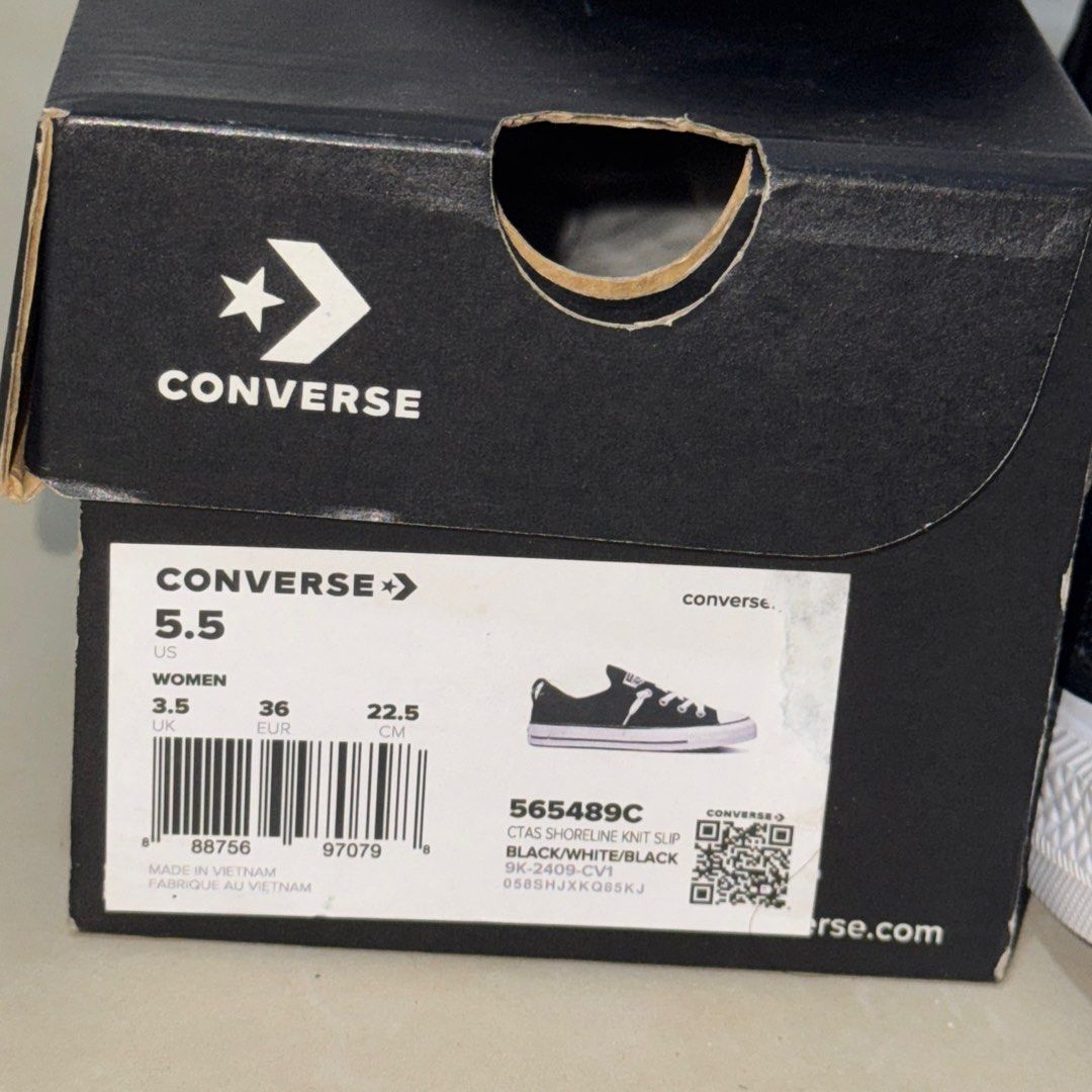 Converse CTAS Shoreline Knit Slip Black (Category: Sneakers) located in Santa Maria. Submitted by grave.ty (Listing ID 1400920662, Image 3). Description: - Converse CTAS Shoreline Knit Slip -Slip on - Black knit upper with white toe cap and sole - Women's size 5.5 US / 36 EUR / 22.5 CM - Features white laces and Converse All Star logo - Comes with original Converse box.