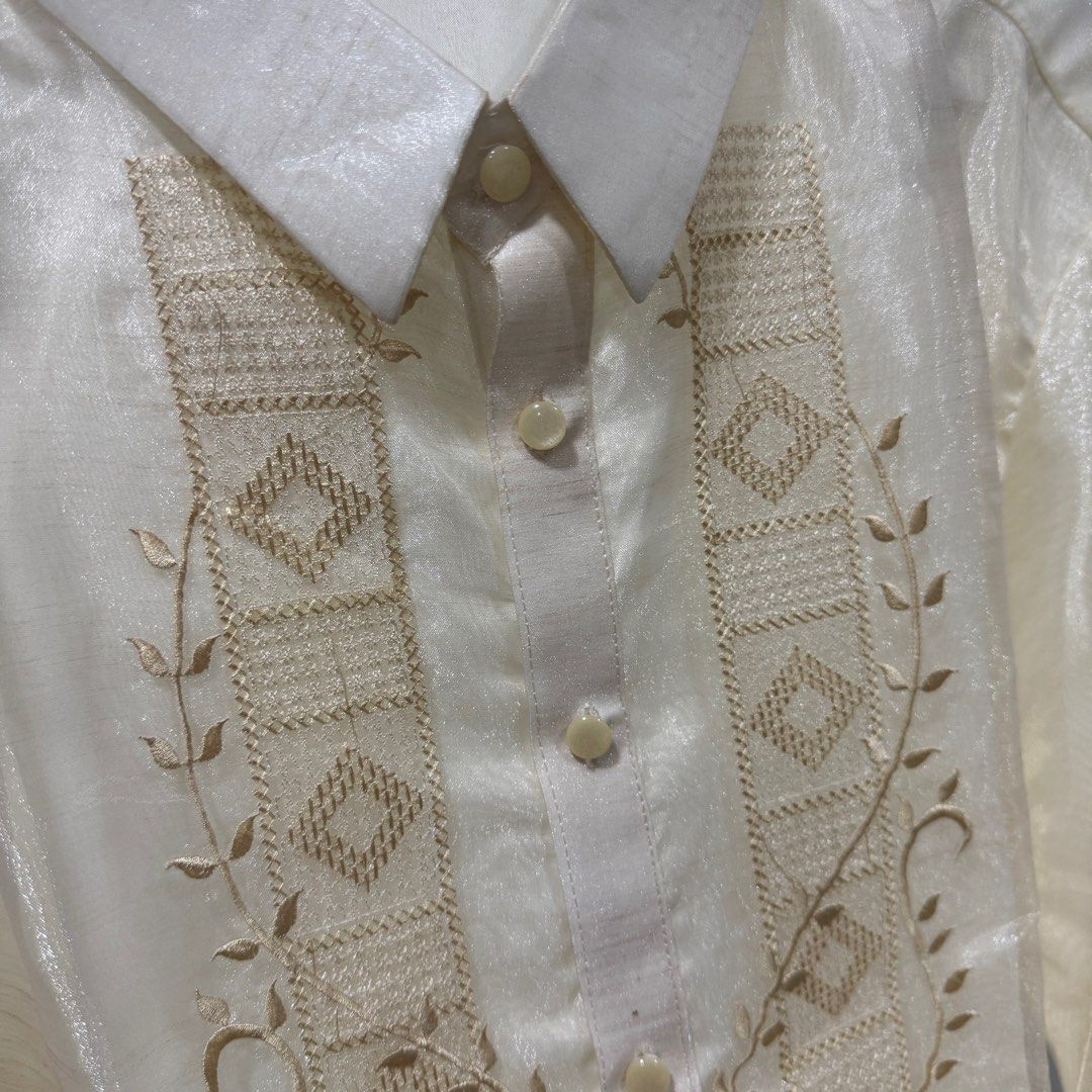 SOLD! Cream Embroidered Barong Tagalog (Category: Formal Shirts) located in Santa Maria. Submitted by grave.ty (Listing ID 1400921936, Image 3). Description: - Cream-colored Barong Tagalog - BRAND NEW / UNUSED - size XL but runs small see photos for measurements - Intricate chest embroidery - Classic collar and button-down - Lightweight barong - Measurements in photos - Perfect for formal events and celebrations.