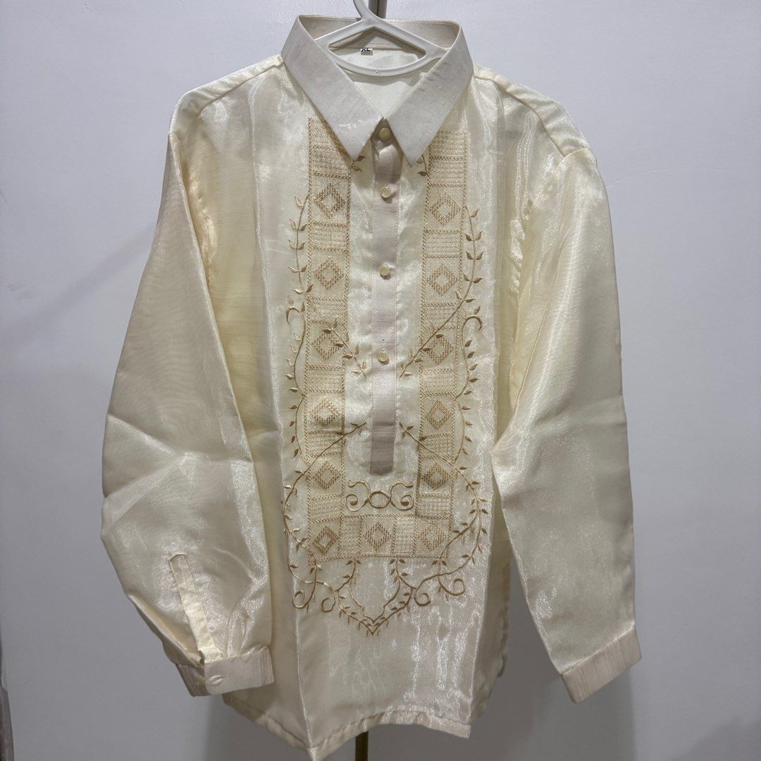 SOLD! Cream Embroidered Barong Tagalog (Category: Formal Shirts) located in Santa Maria. Submitted by grave.ty (Listing ID 1400921936, Image 2). Description: - Cream-colored Barong Tagalog - BRAND NEW / UNUSED - size XL but runs small see photos for measurements - Intricate chest embroidery - Classic collar and button-down - Lightweight barong - Measurements in photos - Perfect for formal events and celebrations.