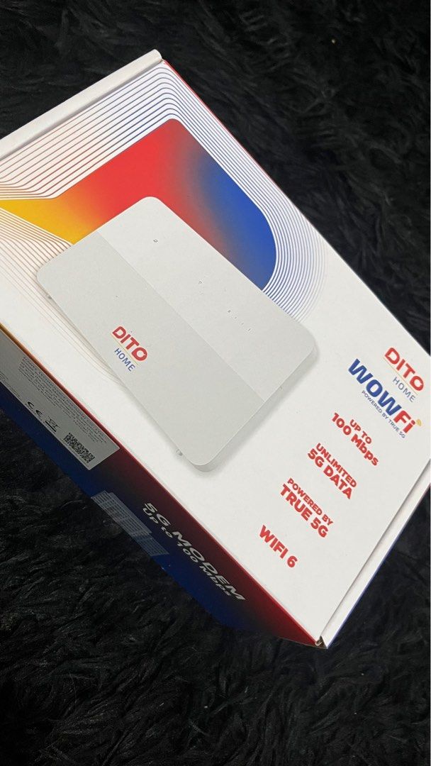 DITO Home 5G Modem WiFi 6 (Category: Networking) located in Pasig City. Submitted by pm_dk (Listing ID 1400967029, Image 3). Description: Used for 3mos only. No damage. Di lang masyado malakas ang Dito here sa area namin. - No Sim included (Cant give my sim since its already registered under my name) -5G Wifi Rfs: Switched to a different provider DITO Home 5G Modem with WiFi 6. It offers up to 100 Mbps and unlimited 5G data. The modem comes with 