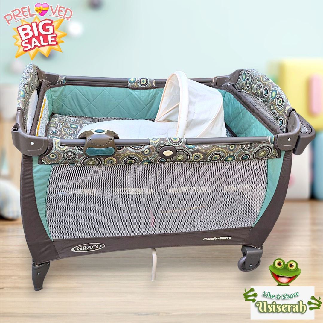 GRACO Baby Pack N Play Playard Easy Compact Fold (Category: Cots & Cribs) located in Paranaque City. Submitted by usiserah (Listing ID 1400922930, Image 2). Description: Descriptions: * Adjustable 2-in-1 Baby Crib for Infant & Toddler * Reversible Napper & Changer * Cuddle Cot with Canopy * Cushioned Quilted Hard Support Mattress * Detabchable Cushioned Diaper Changing Station * Three cubbies to keep baby essentials close at hand * Decorative fab