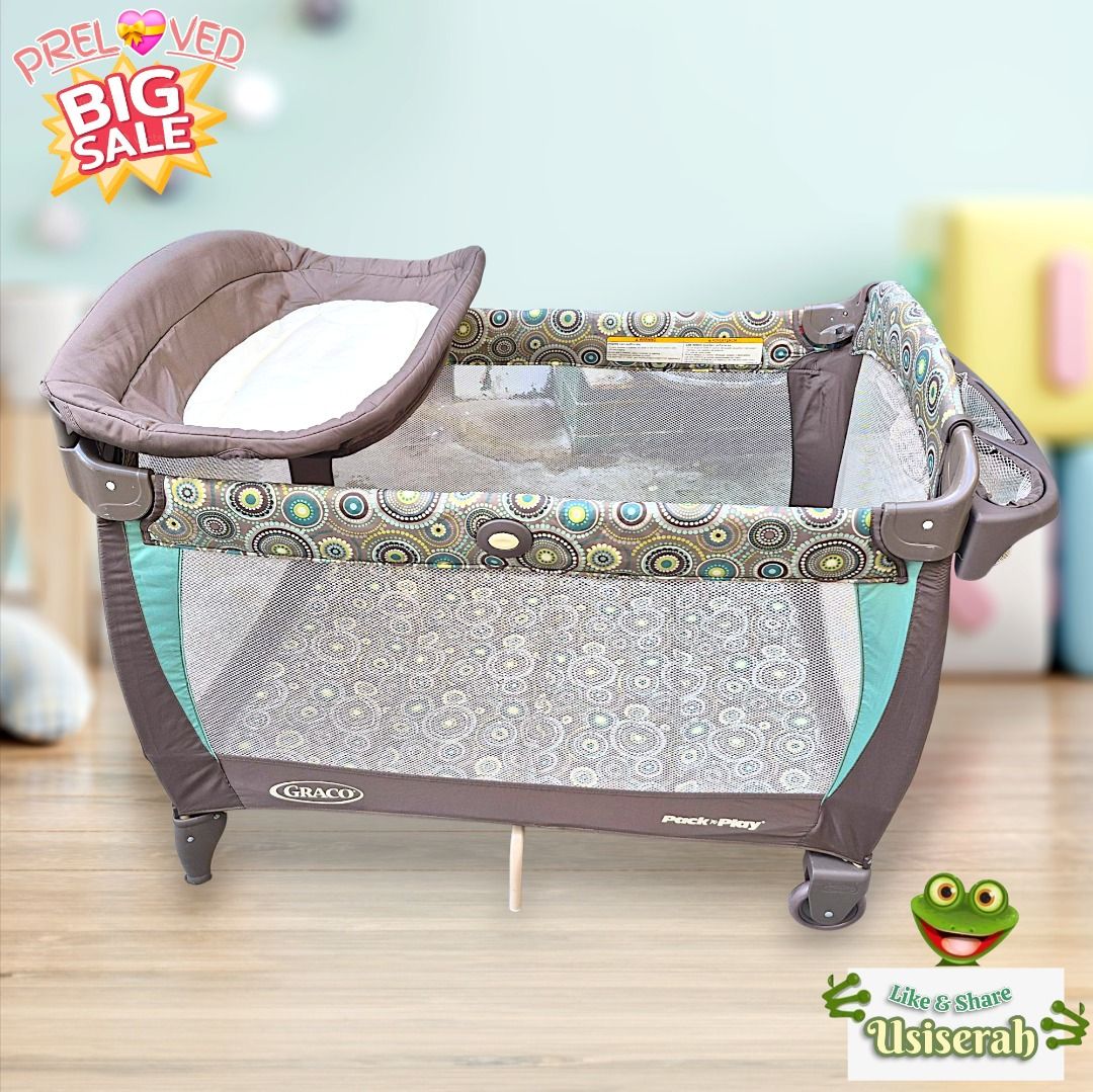 GRACO Baby Pack N Play Playard Easy Compact Fold (Category: Cots & Cribs) located in Paranaque City. Submitted by usiserah (Listing ID 1400922930, Image 3). Description: Descriptions: * Adjustable 2-in-1 Baby Crib for Infant & Toddler * Reversible Napper & Changer * Cuddle Cot with Canopy * Cushioned Quilted Hard Support Mattress * Detabchable Cushioned Diaper Changing Station * Three cubbies to keep baby essentials close at hand * Decorative fab
