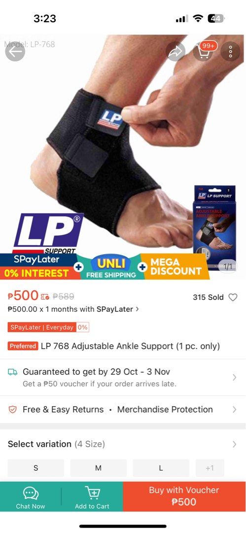LP 768 Adjustable Ankle Support Size Small (Category: Braces, Support & Protection) located in Malabon City. Submitted by oddflower_343683 (Listing ID 1400852211, Image 3). Description: bought sa orange app but its kind of small for me sf fee shouldered by buyer.