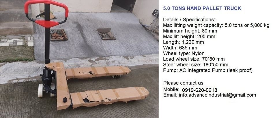 Manual Pallet Jack (Category: Construction Tools & Equipment) located in Quezon City. Submitted by msochea (Listing ID 1400821835, Image 3). Description: - Brand new manual pallet jack -5,000kg or 5.0 tons capacity - Ideal for warehouse and heavy item handling.