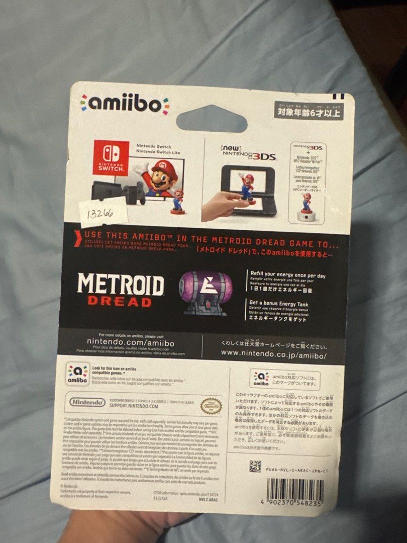Nintendo Metroid Dread Samus amiibo (Category: Nintendo) located in Manila. Submitted by andr29951 (Listing ID 1400964845, Image 2). Description: - Samus amiibo from Metroid Dread. - Compatible with Nintendo Switch and Nintendo 3DS. - In Metroid Dread, use it to: - Refill energy once per day. - Get a bonus Energy Tank. - Packaging features Japanese text..