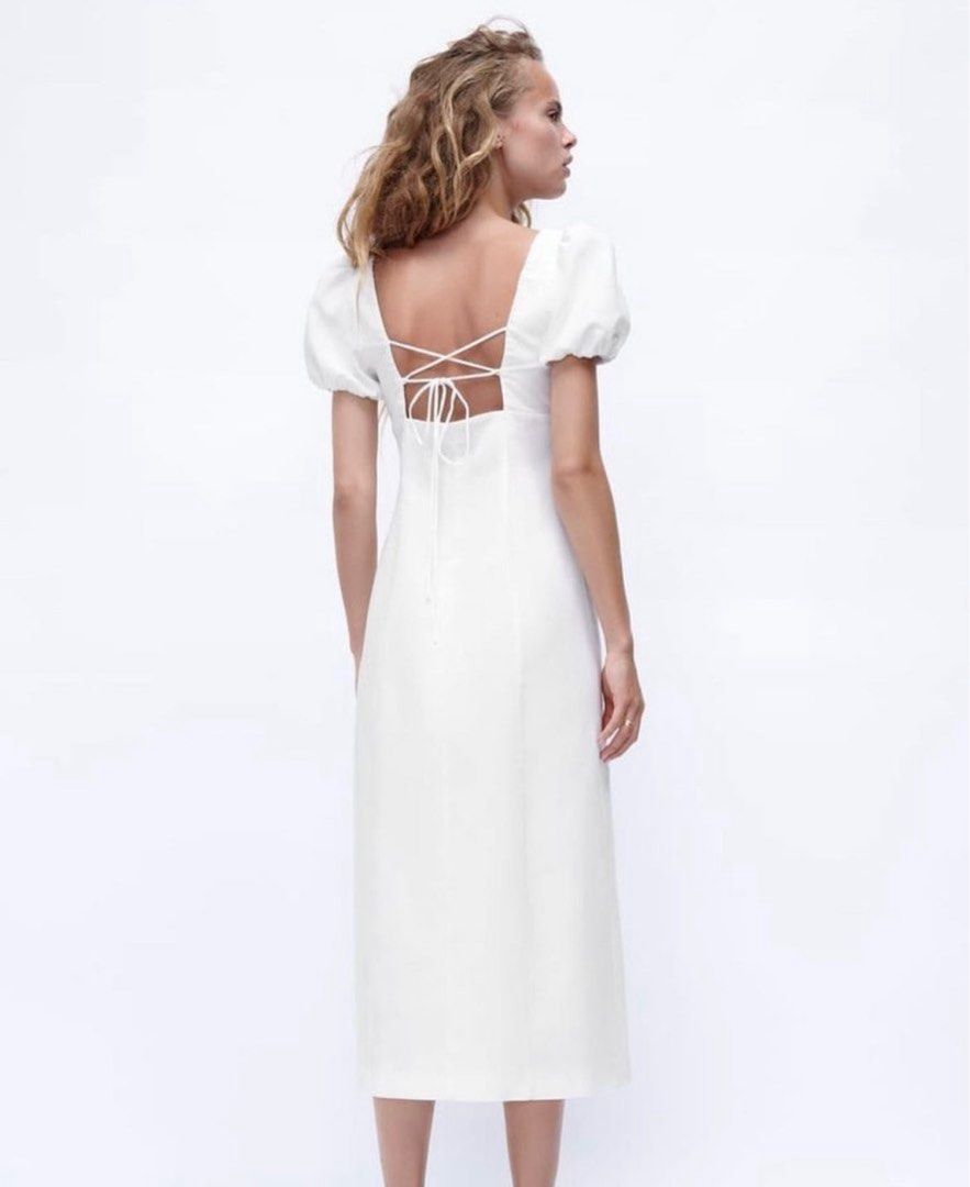 ZARA Puff Linen Blend Midi Dress (Category: Dresses) located in Tarlac. Submitted by katc12 (Listing ID 1400879813, Image 2). Description: ZARA Puff Linen Blend Midi Dress Strappy Back W/ Slit Side Zipper May maliit lang na gasgas sa slit but di naman noticeable This is brand new Nilabhan ko lang M on tag, w/ washtag White or Oyster Color LP na, no haggling na, mababa na price nito P999.