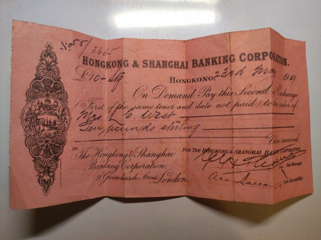 香港上海滙豐銀行1919年5英鎊匯票支票, 興趣及遊戲, 收藏品及紀念品, 錢幣- Carousell
