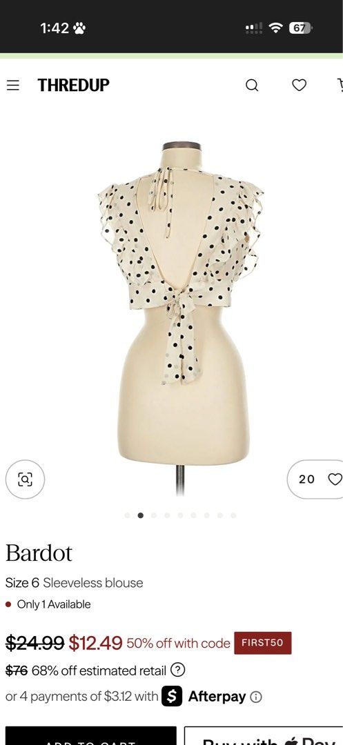 Bardot Sleeveless Polka Dot Blouse Size 6 (Category: Blouses) located in Dupax Del Sur. Submitted by k8kat (Listing ID 1401022654, Image 2). Description: - Bardot sleeveless blouse - Cream color with black polka dots - V-neckline - Ruffle detailing - Tie back closure.