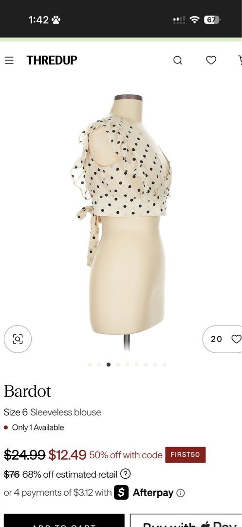 Bardot Sleeveless Polka Dot Blouse Size 6 (Category: Blouses) located in Dupax Del Sur. Submitted by k8kat (Listing ID 1401022654, Image 3). Description: - Bardot sleeveless blouse - Cream color with black polka dots - V-neckline - Ruffle detailing - Tie back closure.