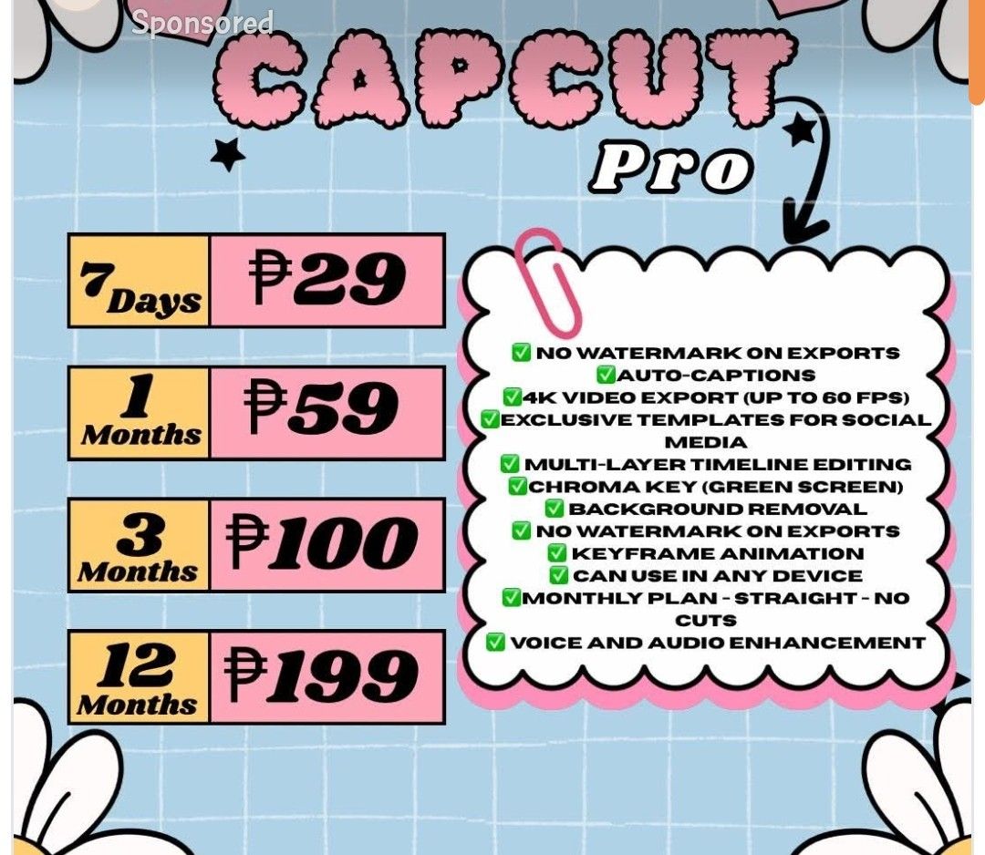 Capcut Pro for only 29 pesos (Category: Everything Else Others) located in Narra. Submitted by engineerabb1999 (Listing ID 1400984919, Image 1). Description: 29 pesos only, pm if interested .