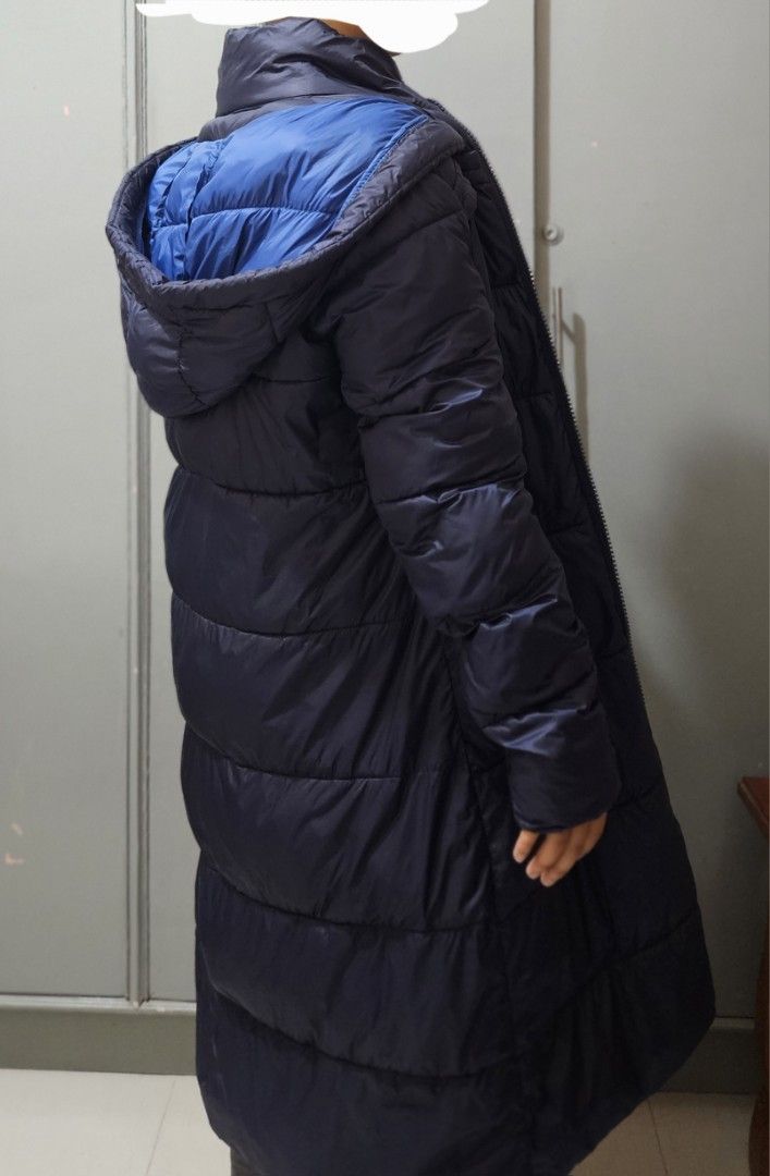 Dark Blue Puffer Jacket (Long) (Category: Coats, Jackets and Outerwear) located in San Carlos. Submitted by chsoki (Listing ID 1401086528, Image 2). Description: long puffer jacket model height: 4'11".