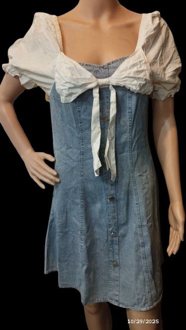 Denim two tone dress (Category: Dresses) located in Marikina City. Submitted by izzy_00 (Listing ID 1401161639, Image 2). Description: denim/cotton white need wash best fit S-M side zipper no pocket payment sent Tru my Maya account.