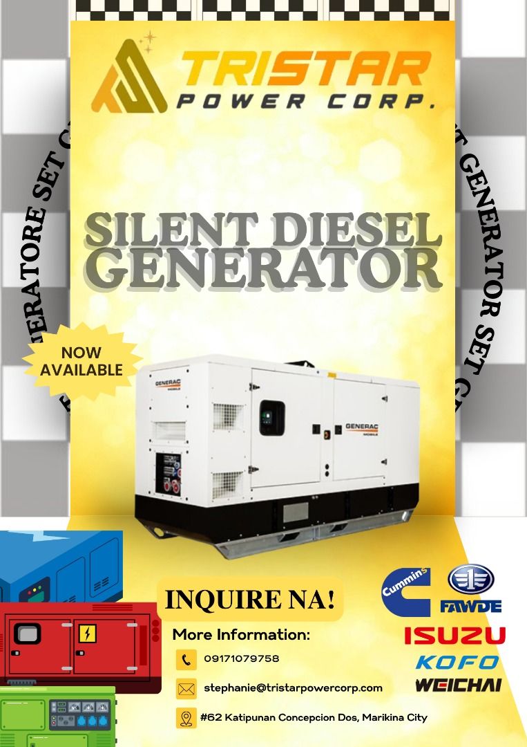 DIESEL GENERATOR (Category: Construction Tools & Equipment) located in Marikina City. Submitted by tristar_ (Listing ID 1400993624, Image 1). Description: ✅ Good quality ✅ With warranty ✅ Silent/Open type ✅ Proven & Reliable Performance ✅ Budget-Friendly & Energy-Efficient ✅ Tough, Long-Lasting Durability ✅ Nationwide Sales, Service & Support 𝐖𝐢𝐝𝐞 𝐑𝐚𝐧𝐠𝐞: 10 KVA UP TO 2000KVA 𝐏𝐡𝐚𝐬𝐞 𝐎𝐩𝐭𝐢𝐨𝐧𝐬: Single phase or three phase 𝐁𝐫𝐚𝐧