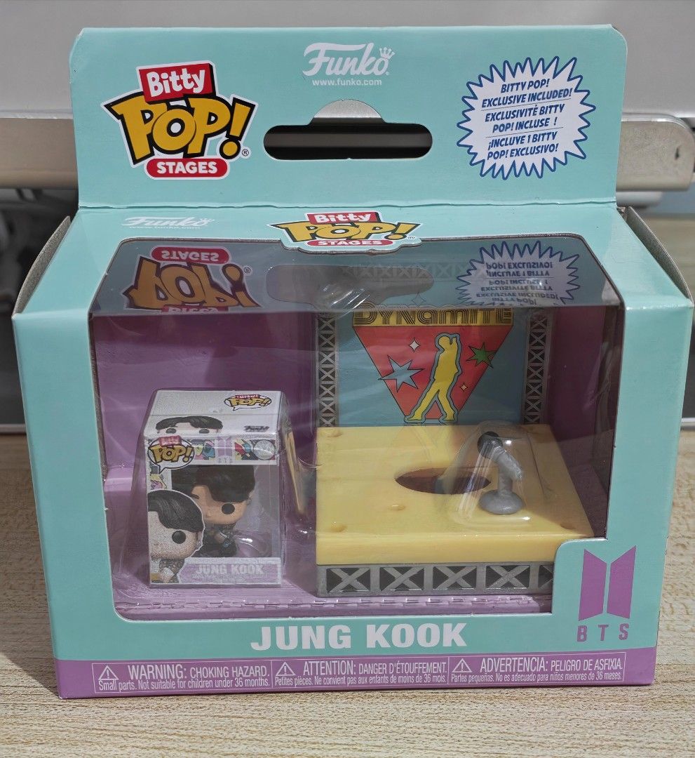 Funko Bitty Pop! Stages BTS Jung Kook (Category: Designer & Blind Box Toys) located in Las Pinas. Submitted by jay9191 (Listing ID 1400985168, Image 1). Description: - Funko Bitty Pop! Stages collectible featuring BTS's Jung Kook. - Includes a miniature stage and microphone. - Exclusive item. - Part of the Bitty Pop! Stages series..