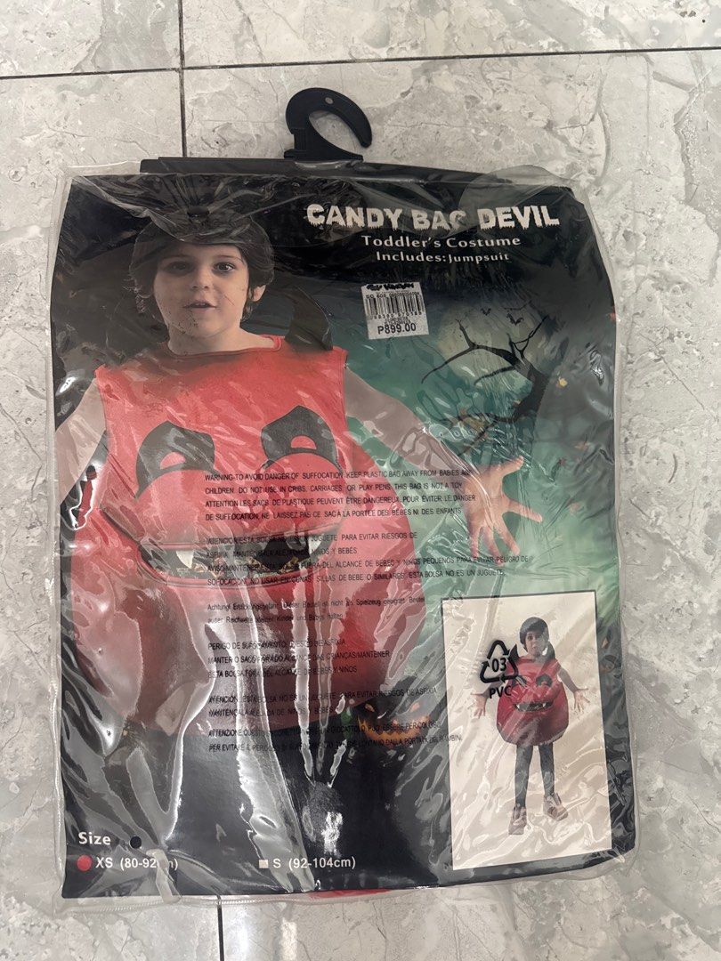 Halloween Candy Bag Devil Toddler's Costume (Category: Babies & Kids Fashion) located in Pasig City. Submitted by anjgrgls (Listing ID 1401088182, Image 2). Description: - Candy Bag Devil toddler costume - Features devil horns and face design - Color: Red - Sizes: XS (40-92cm) - Ideal for Halloween and costume parties.