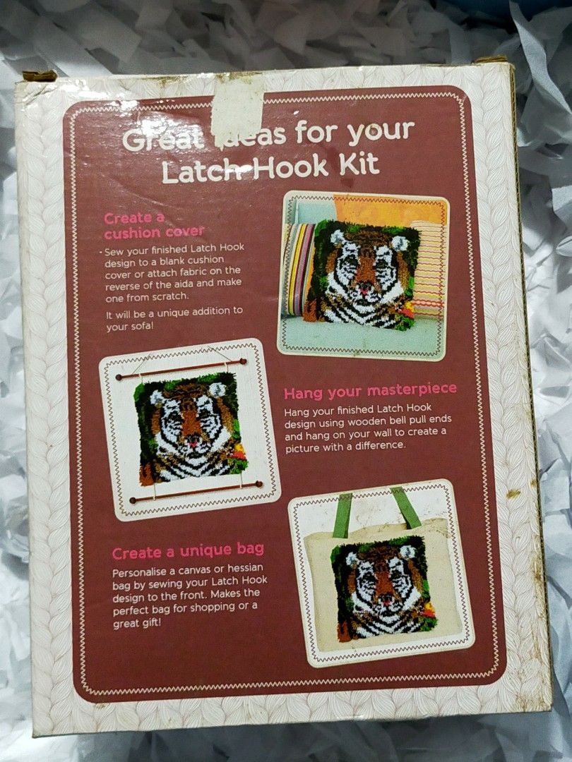 Hobbycraft Knit & Stitch Latch Hook Kit (Category: Handmade Craft) located in Quezon City. Submitted by mcmp1216 (Listing ID 1401004328, Image 3). Description: Brand New Please see photos Only the box damaged but items inside intact and in very good condition. Create your own tiger design with this Hobbycraft Knit & Stitch Latch Hook Kit. The kit includes yarns, a canvas Aida, a latch hook tool, and instructions. The finished design can be used t