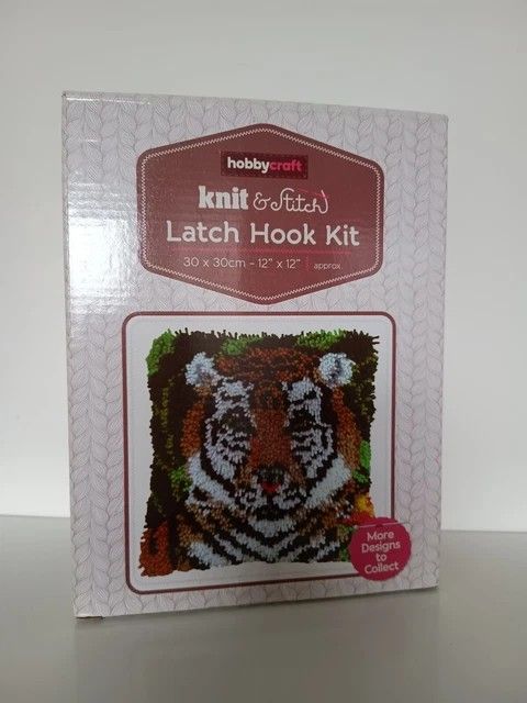 Hobbycraft Knit & Stitch Latch Hook Kit (Category: Handmade Craft) located in Quezon City. Submitted by mcmp1216 (Listing ID 1401004328, Image 1). Description: Brand New Please see photos Only the box damaged but items inside intact and in very good condition. Create your own tiger design with this Hobbycraft Knit & Stitch Latch Hook Kit. The kit includes yarns, a canvas Aida, a latch hook tool, and instructions. The finished design can be used t
