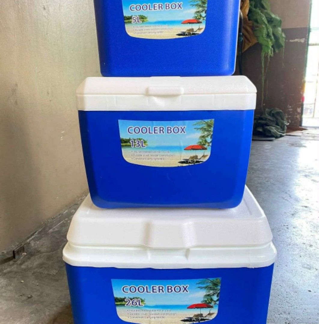 Ice Cooler Box (Category: Storage Boxes & Baskets) located in Manila. Submitted by yzlshop (Listing ID 1401015136, Image 2). Description: - Set of 3 cooler boxes - Blue and white design - Rectangular shape - Stackable for easy storage - Features a beach scene sticker - Keeps food and drinks cold - Ideal for picnics and outdoor activities.
