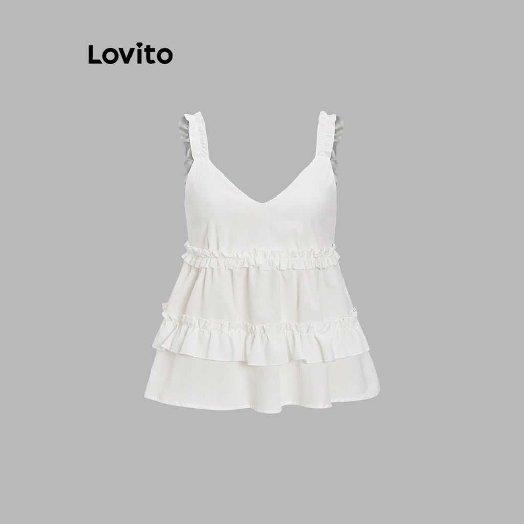 Lovito White Ruffle Top (Category: Sleeveless) located in Quezon City. Submitted by mikaaaaachu (Listing ID 1401057071, Image 1). Description: XS in size Brand new never worn.