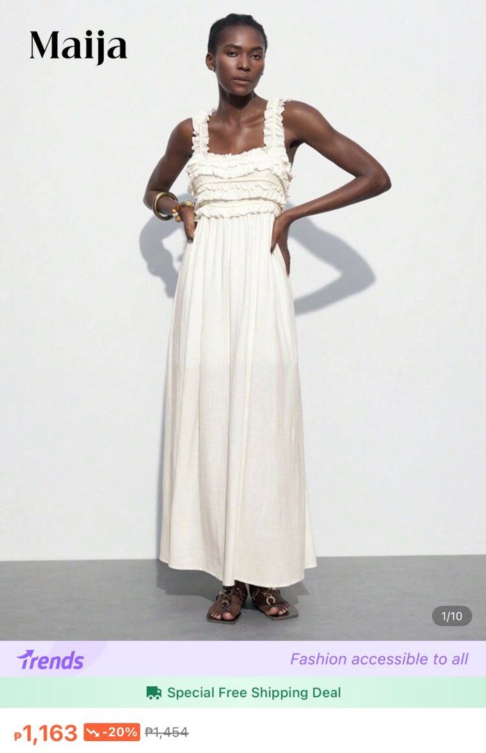 Maija White Ruffle Maxi Dress (Category: Dresses) located in Quezon City. Submitted by temptress (Listing ID 1401087819, Image 2). Description: - Brand: Maija - Style: White maxi dress - Features: Square neckline, ruffle details, open back - Design: Fitted bodice, flowing skirt - Length: Maxi - Perfect for: Summer, special occasions Thick Linen Material. Not see through! Very high quality. Selling low. No flaws. Used only once Original Price: Php
