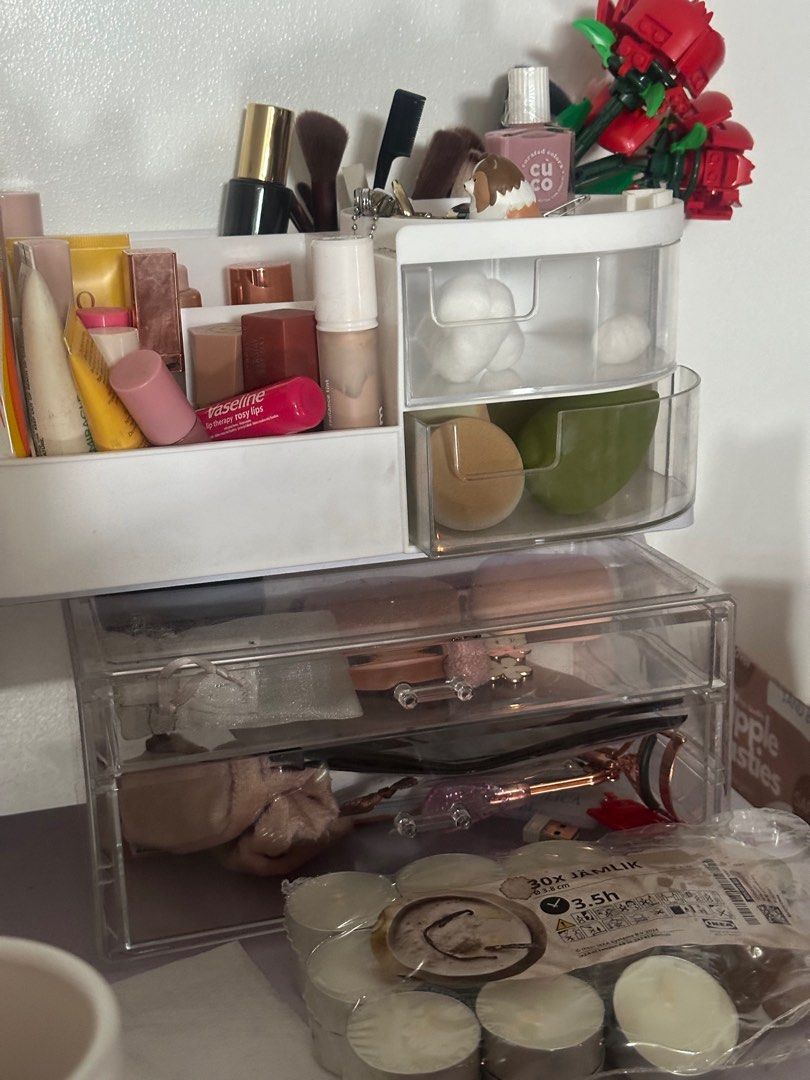 Make up / jewelry organizers + face mirror (Category: Accessory Holder, Box & Organizers) located in Manila. Submitted by marinellathenadurata (Listing ID 1400996141, Image 1). Description: For take all 1. Aesthetic cloud face mirror 2. Make up multi purpose organizer 3. Two later drawer type acrylic organizer Decluttering For pick up: new tuico compound No issues.