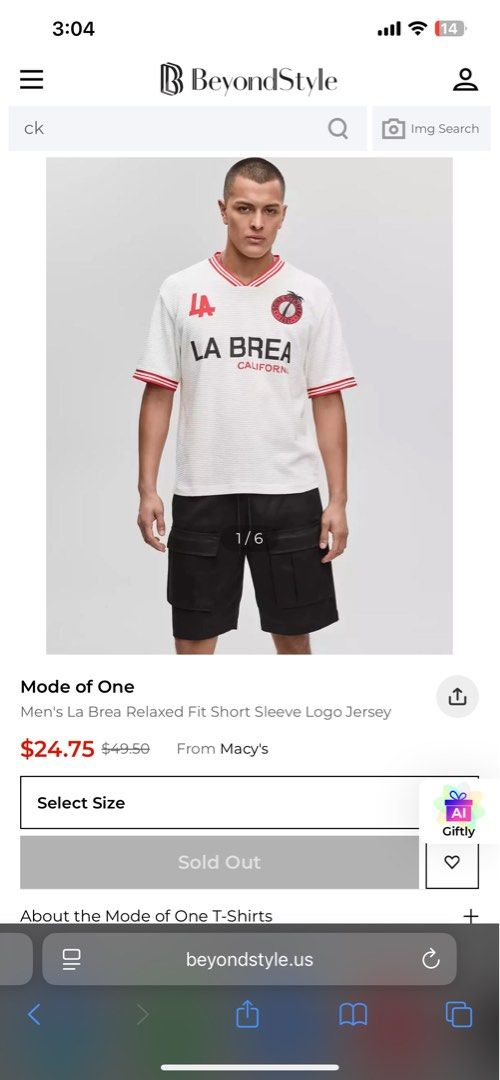 Mode of One La Brea Jersey (Category: Tshirts & Polo Shirts ) located in Obando. Submitted by Wintermelonzzzz (Listing ID 1401039071, Image 1). Description: Mode of One La Brea jersey. Features a white base with red accents on the collar and sleeves. The front displays "LA BREA CALIFORNIA" in bold black lettering, with "LA" on the upper left. A circular graphic with a palm tree and the words "GOING NOWHERE FAST" is on the right side. Made in Viet
