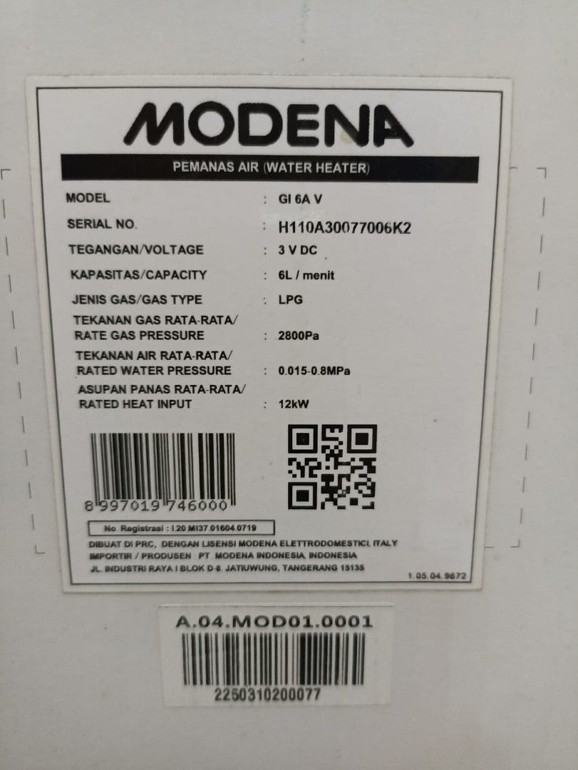Modena Water Heater Gas RAPIDO GI 6V, Elektronik, Lainnya di Carousell