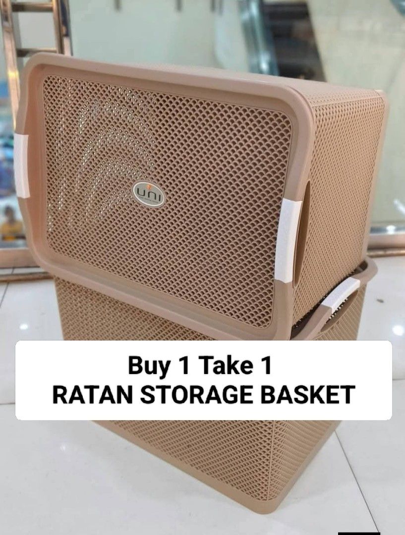 Ratan Storage Basket Buy 1 Take 1 (Category: Storage Boxes & Baskets) located in Manila. Submitted by yzlshop (Listing ID 1401017608, Image 1). Description: Get a Buy 1 Take 1 deal on these Ratan Storage Baskets! They are perfect for organizing your belongings. The baskets have a mesh design and handles for easy carrying. The color is a neutral beige, suitable for any room. Great for storing clothes, toys, or other household items..