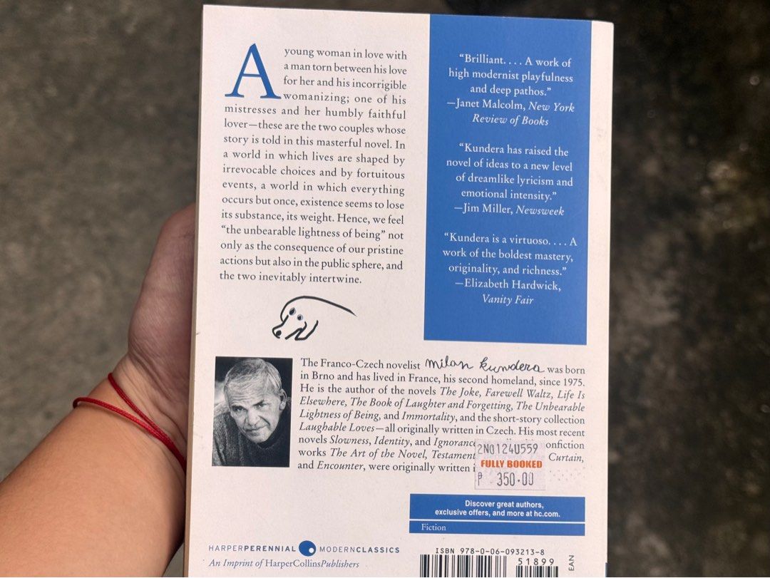 The Unbearable Lightness of Being by Milan Kundera (Category: Storybooks) located in Quezon City. Submitted by sey94 (Listing ID 1401001673, Image 3). Description: Well-read copy with browning to page edges and light wear on the cover; inside pages are clean Location: Novaliches.