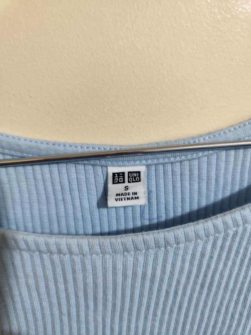 Uniqlo Ribbed Top - Sky Blue (S-M) (Category: Shirts) located in Cebu City. Submitted by mabarquez (Listing ID 1401113629, Image 2). Description: - Uniqlo ribbed top - Sky blue color - Size S - Scoop neckline - Short sleeves - Made in Vietnam - Ribbed texture - Slight wave hem - Solid color add sf74 via J&T mop: Gcash.