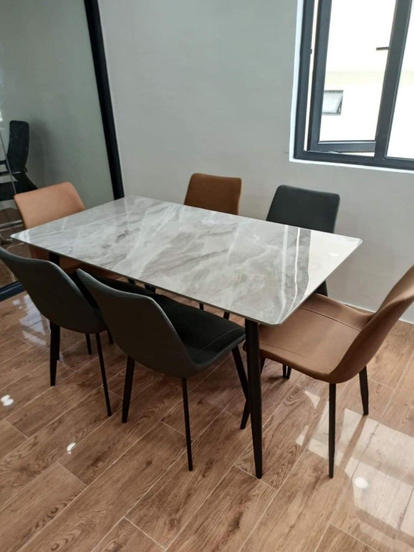 4 and 6 seater marble dining set (Category: Tables & Sets) located in Pasay City. Submitted by cherry_nicole (Listing ID 1396282192, Image 3). Description: R E S T O C K ‼️ 4 and 6 seater dining set ♦️ REAL MARBLE MADE DINING SET * marble slate table top * Leather cushioned seat * Metal base and frame White marble top Gray marble top On hand Brand new Imported Cash on delivery Minimal delivery fee For other home and office furniture items, Please