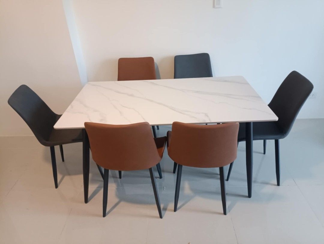 4 and 6 seater marble dining set (Category: Tables & Sets) located in Pasay City. Submitted by cherry_nicole (Listing ID 1396282192, Image 2). Description: R E S T O C K ‼️ 4 and 6 seater dining set ♦️ REAL MARBLE MADE DINING SET * marble slate table top * Leather cushioned seat * Metal base and frame White marble top Gray marble top On hand Brand new Imported Cash on delivery Minimal delivery fee For other home and office furniture items, Please
